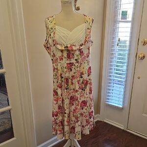 RUIYIGE Floral rose pink green Sleeveless Dress Cream Pleated bodice XXL EUC